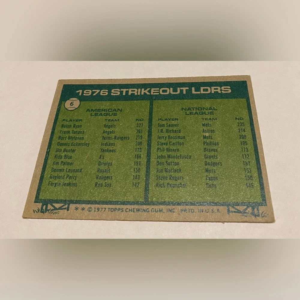 Nolan Ryan/Tom Seaver 1977 Baseball Card 1976 Strikeout Leaders Vintage